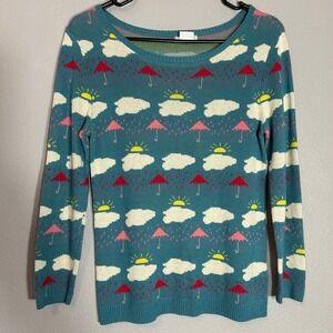 Cooperative Sweater Knit Pullover Cloud Umbrella Print Teal Blue Small